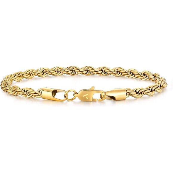 ⭐ VEXXS Men's 18K Gold Plated Rope Chain Bracelet 5mm Durable No Fade